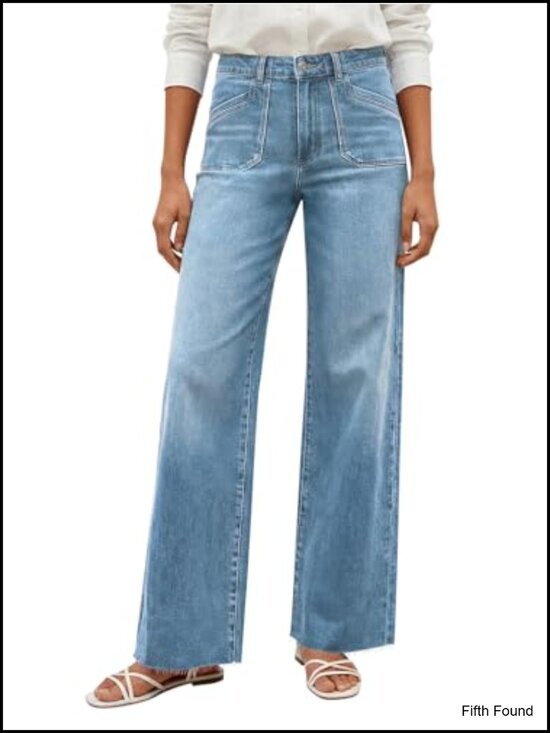 Denim - High Waisted Wide Leg Frayed Hem Jeans with Side Pockets
